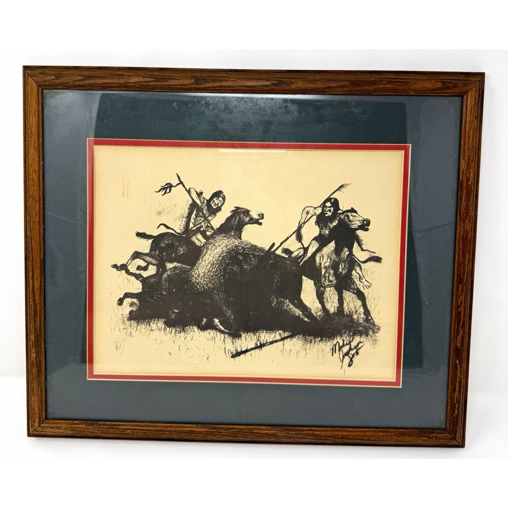 Western Black & White Buffalo & Native American Landscape original